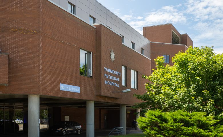 Image depicts the front entrance of Yarmouth Regional Hospital from an angled position